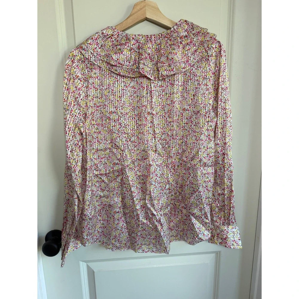 J.Crew Floral Ruffle Collar Pleated Button Up Blouse Pink Yellow Womens M NEW